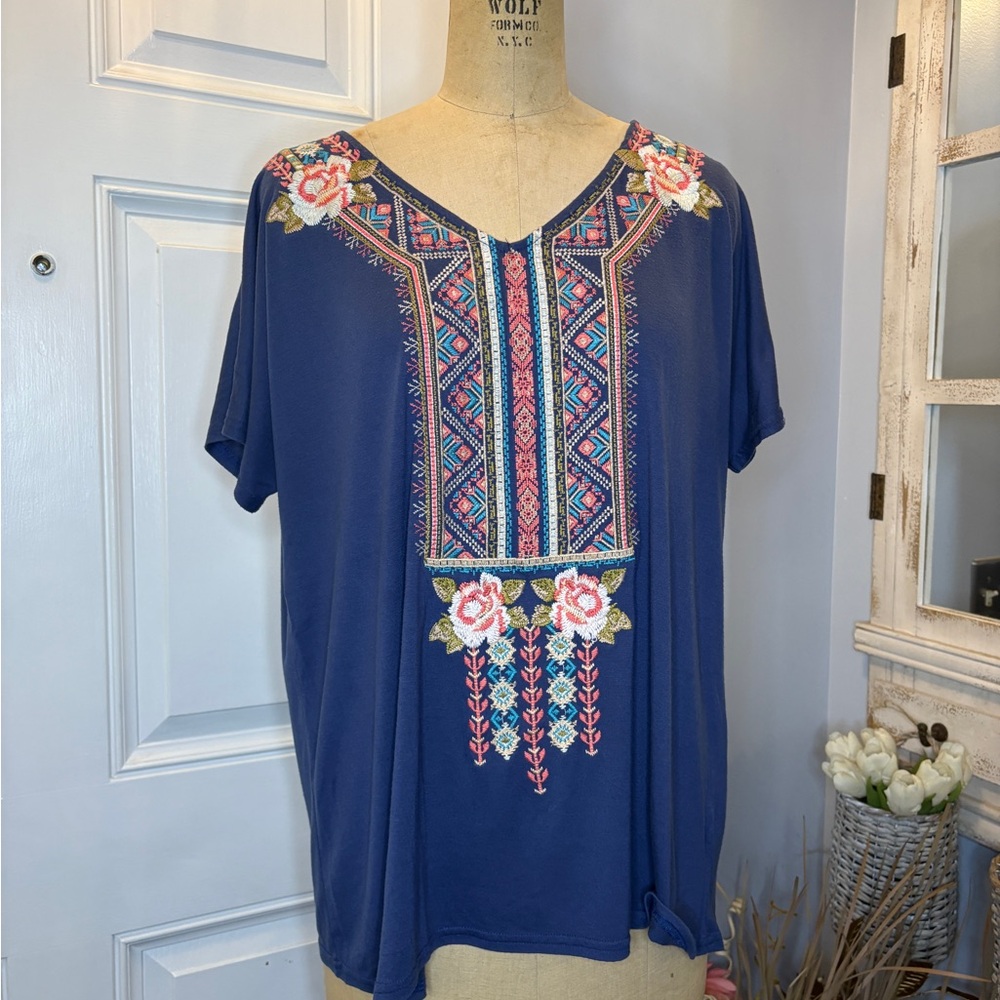 Andree Navy Blue Embroidered Bohemian Festival Shabby-chic Closet Staple Size L